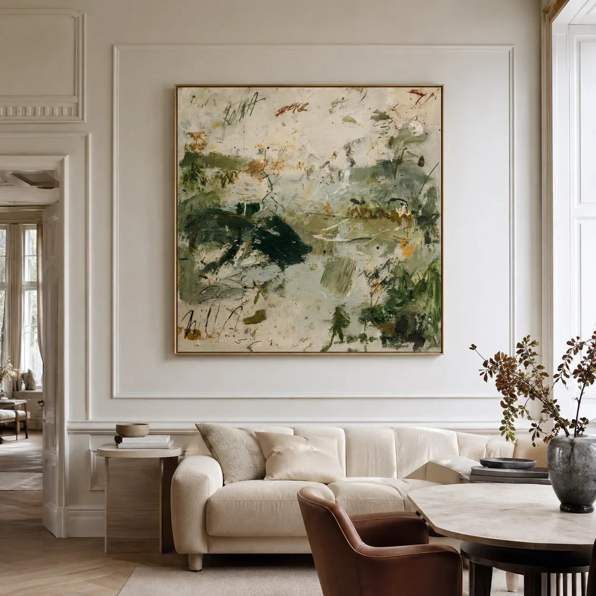 Forest Green Gestures on Ivory Abstract Wall Art styled interior scene 4 | Olyrel