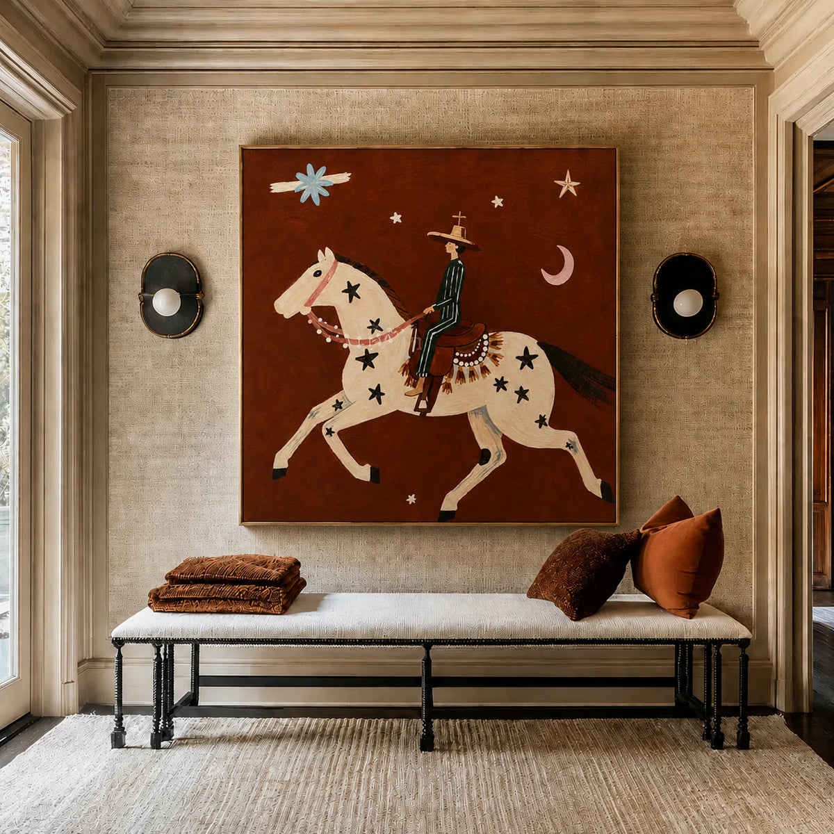 Star-Spotted Horse and Crescent Rider Wall Art styled interior scene 4 | Olyrel