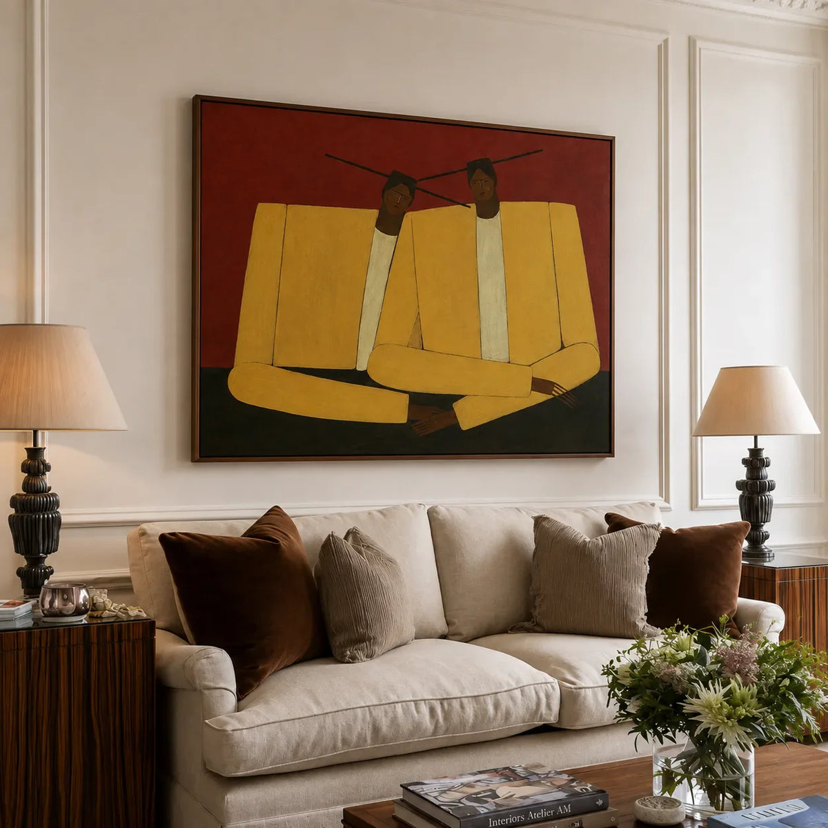 Mustard Jacket Companions on Rust Wall Art styled interior scene 2 | Olyrel
