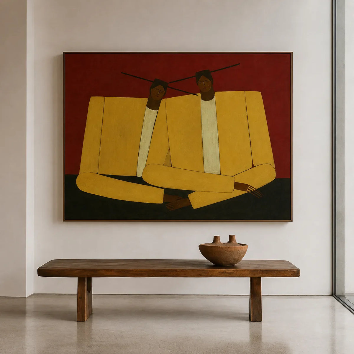 Mustard Jacket Companions on Rust Wall Art styled interior scene 5 | Olyrel