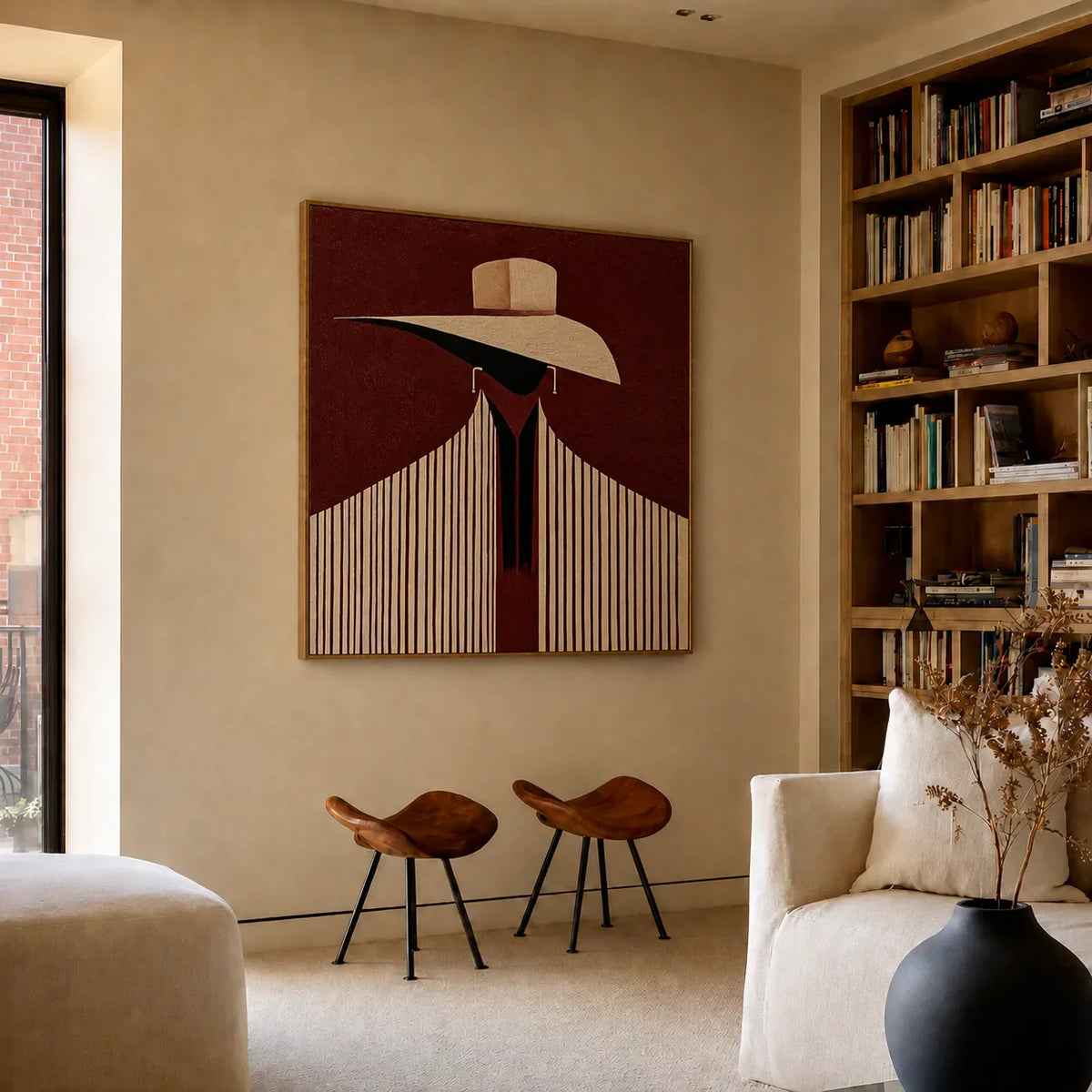 Ivory Hat and Burgundy Stripes Portrait Wall Art styled interior scene 2 | Olyrel