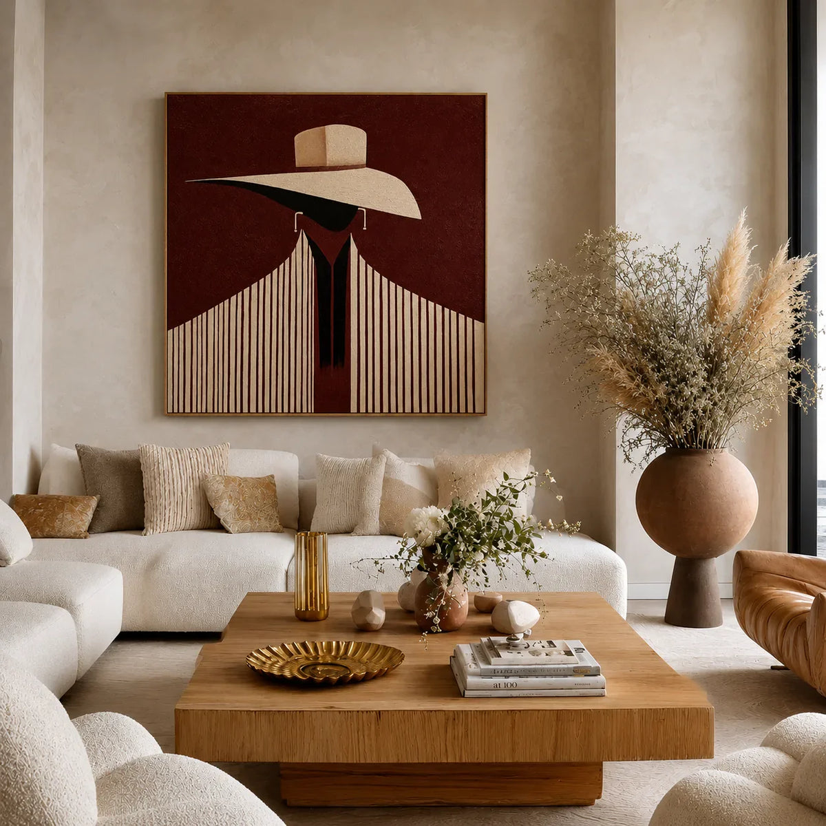 Ivory Hat and Burgundy Stripes Portrait Wall Art styled interior scene 4 | Olyrel