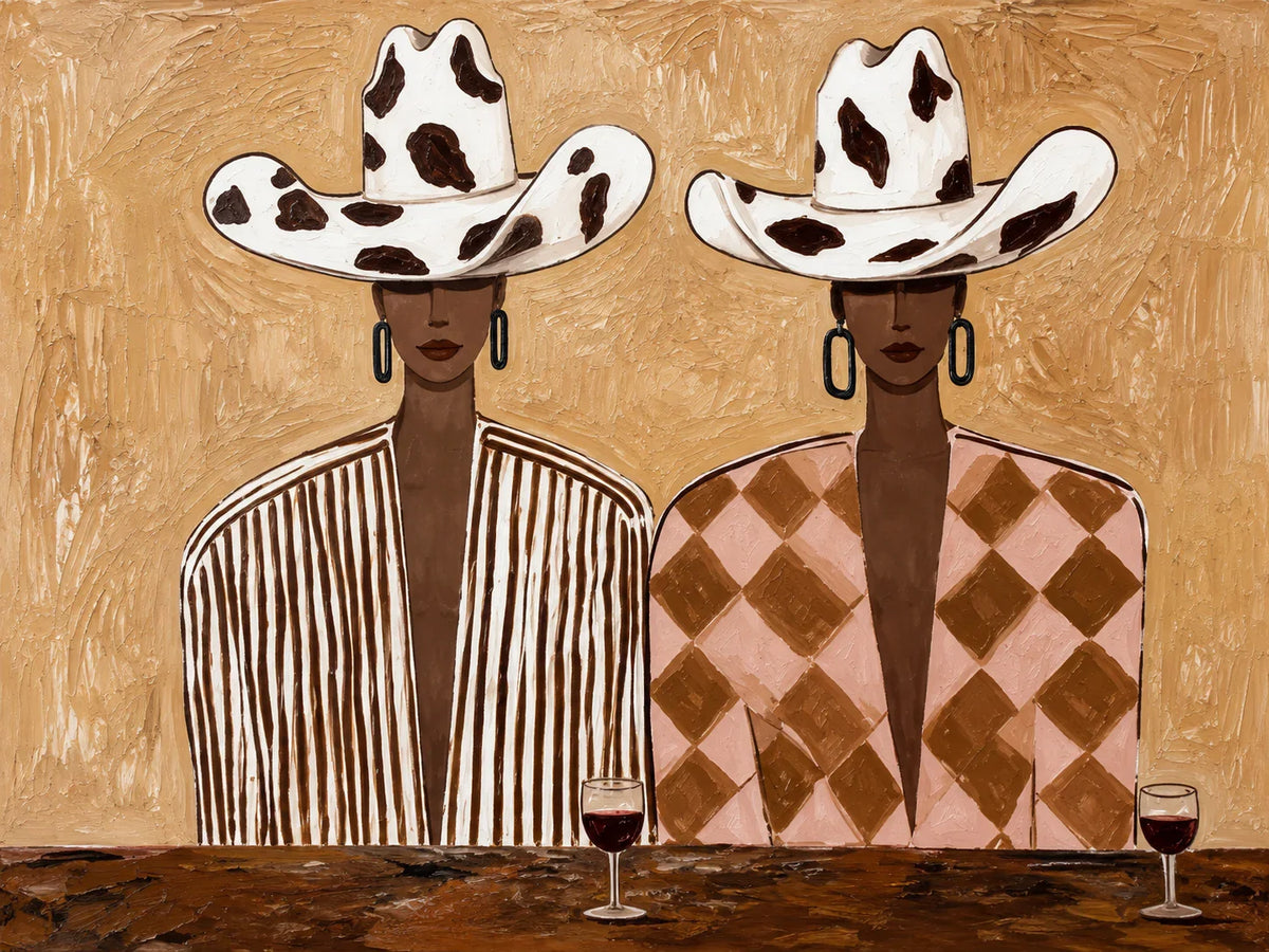Cowprint Hat Duo with Wine Glasses Wall Art artwork view | Olyrel