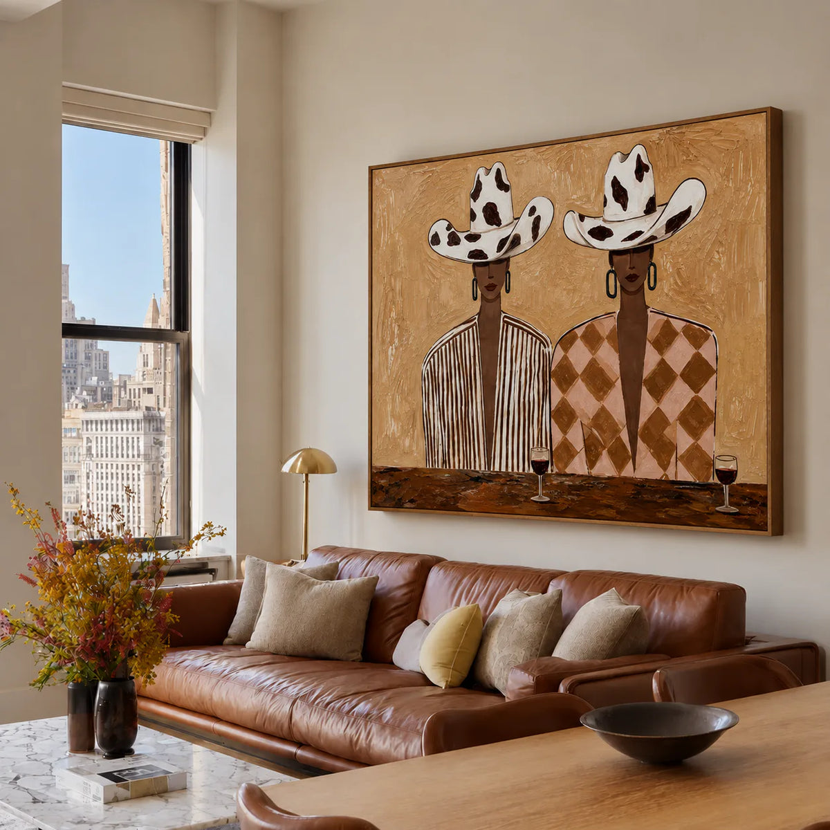 Cowprint Hat Duo with Wine Glasses Wall Art styled interior scene 4 | Olyrel