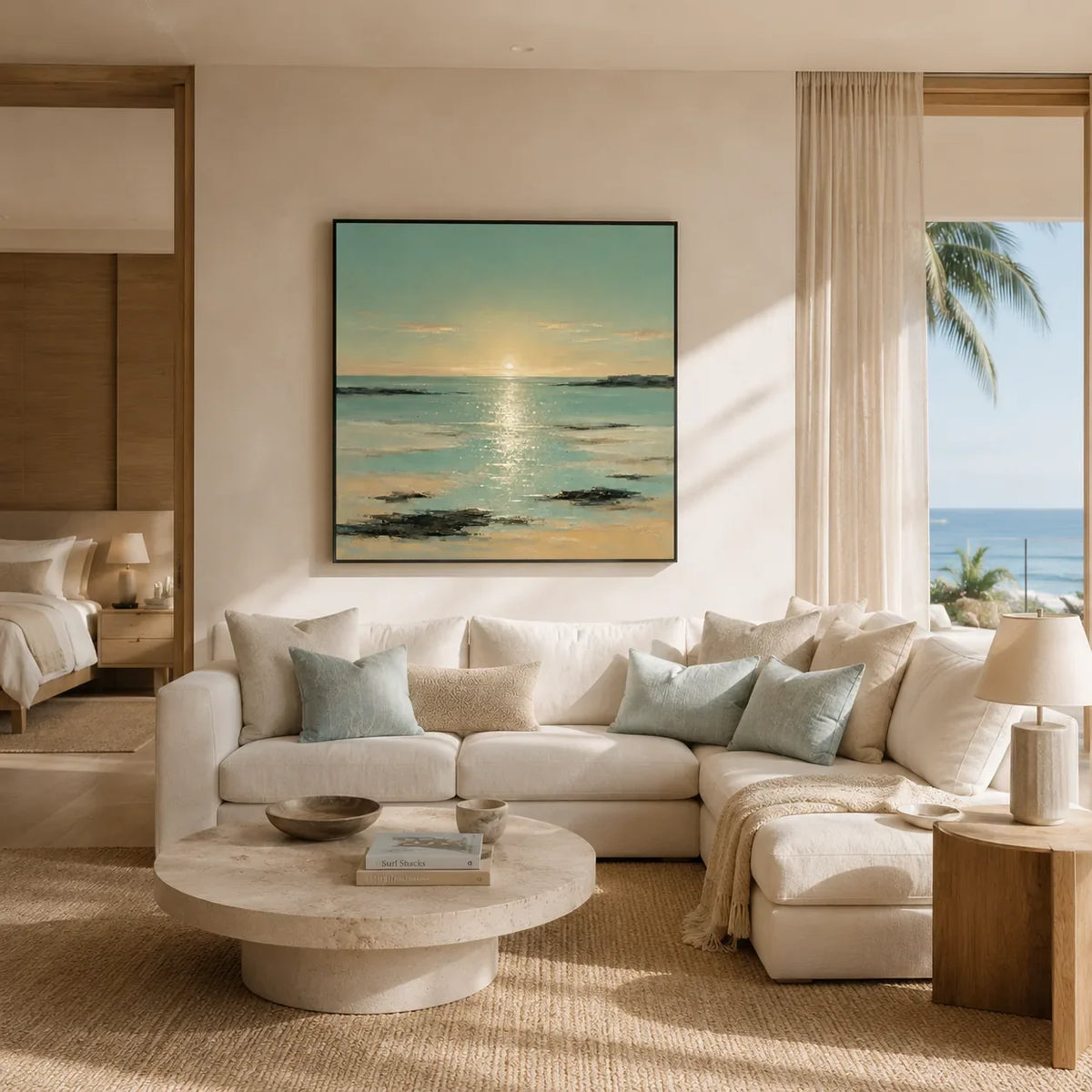 Sunlit Tide Coastal Wall Art styled in a modern living room | Olyrel