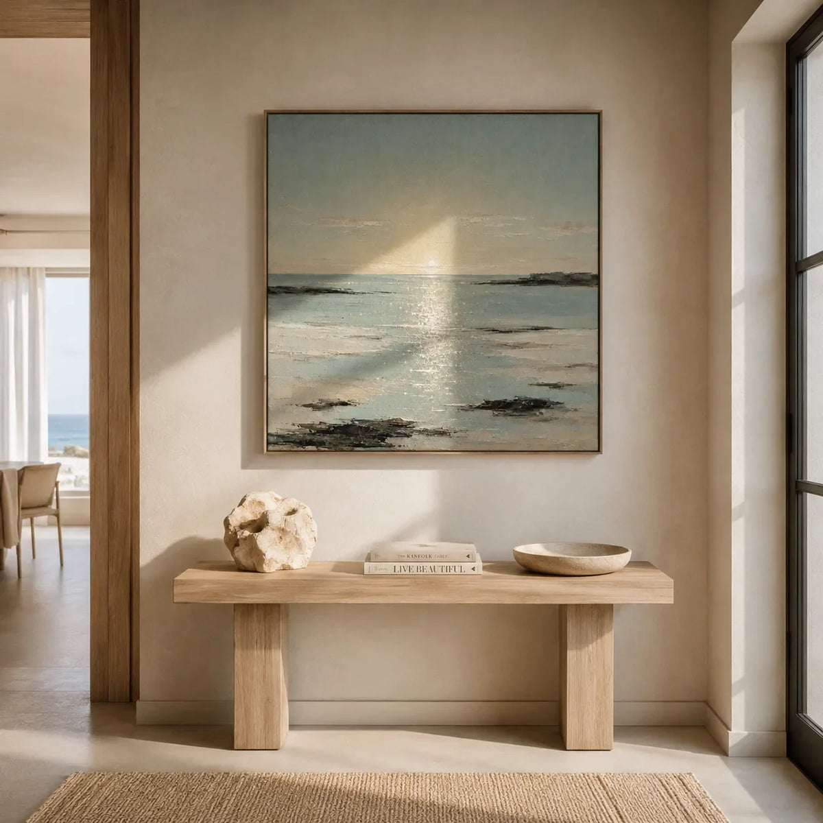 Sunlit Tide Coastal Wall Art displayed in a collected studio setting | Olyrel
