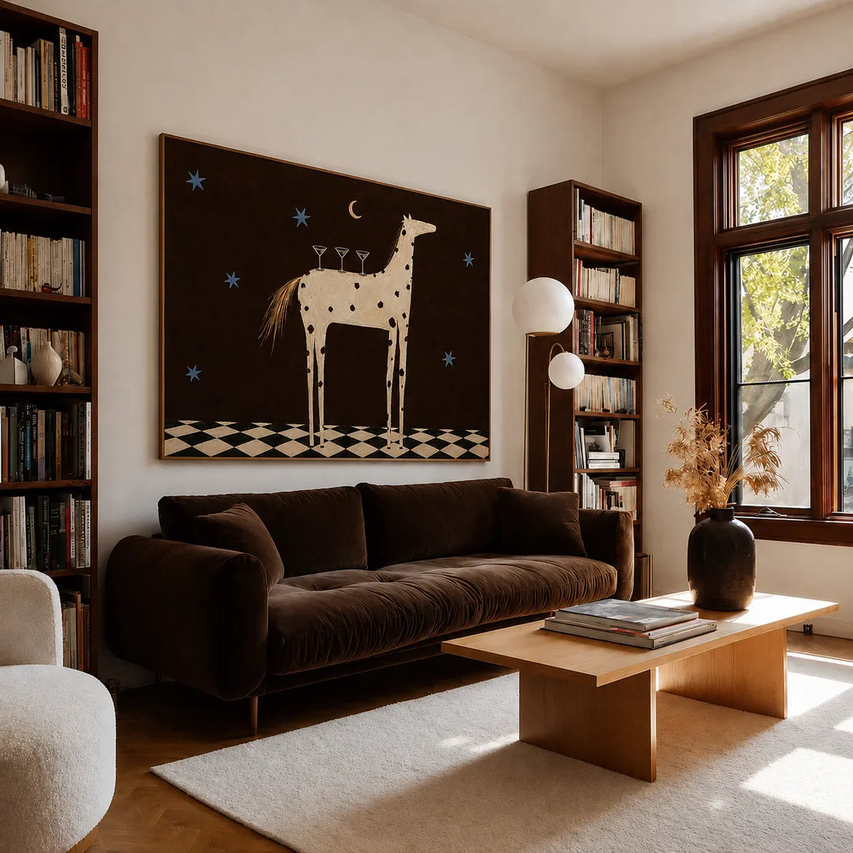 Spotted Horse with Three Cocktails under Stars Wall Art styled interior scene 1 | Olyrel