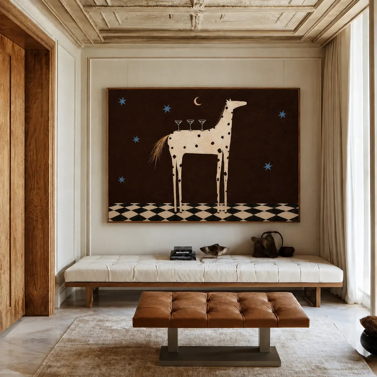 Spotted Horse with Three Cocktails under Stars Wall Art styled interior scene 2 | Olyrel