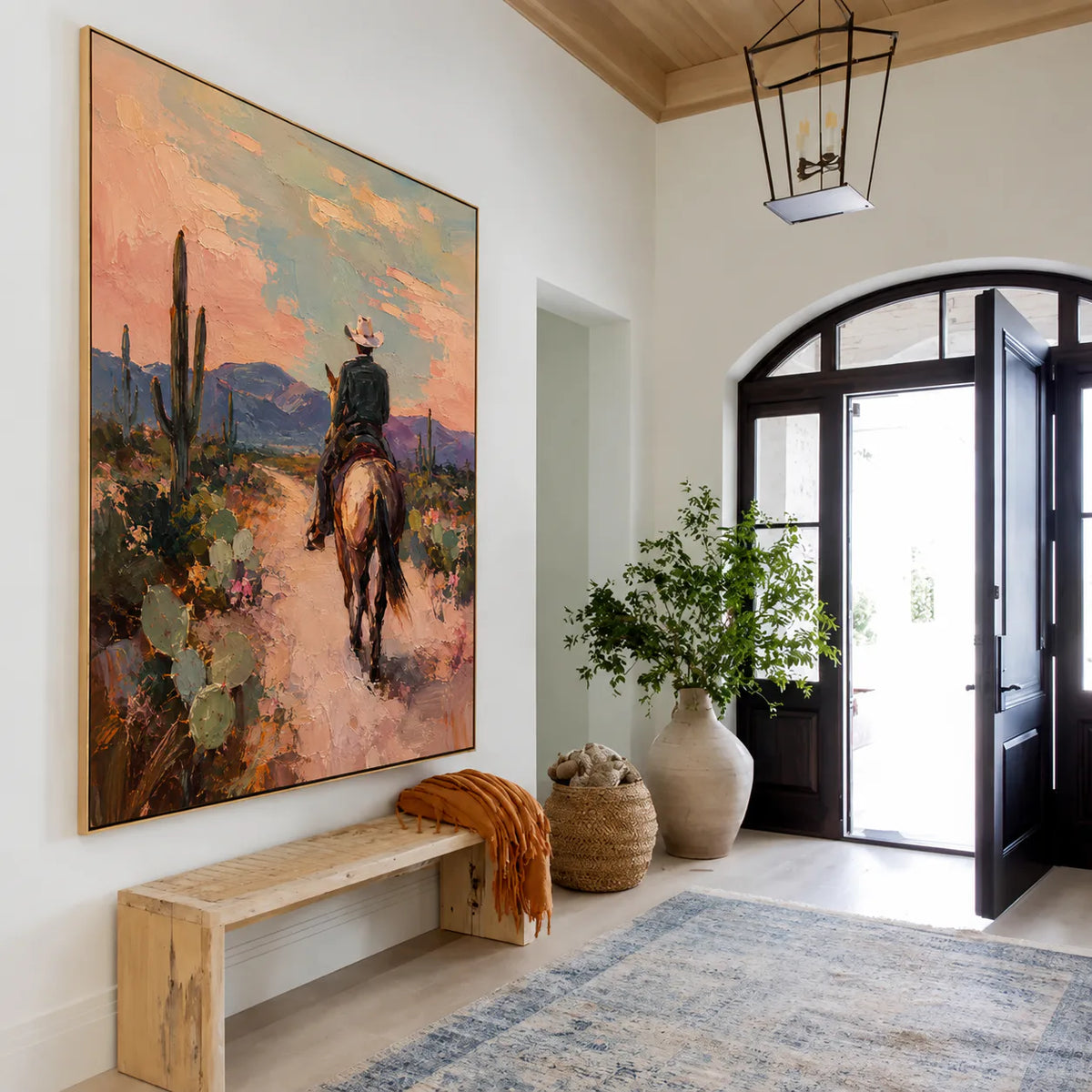 Desert Trail Rider beneath Peach Skies Wall Art styled interior scene 1 | Olyrel