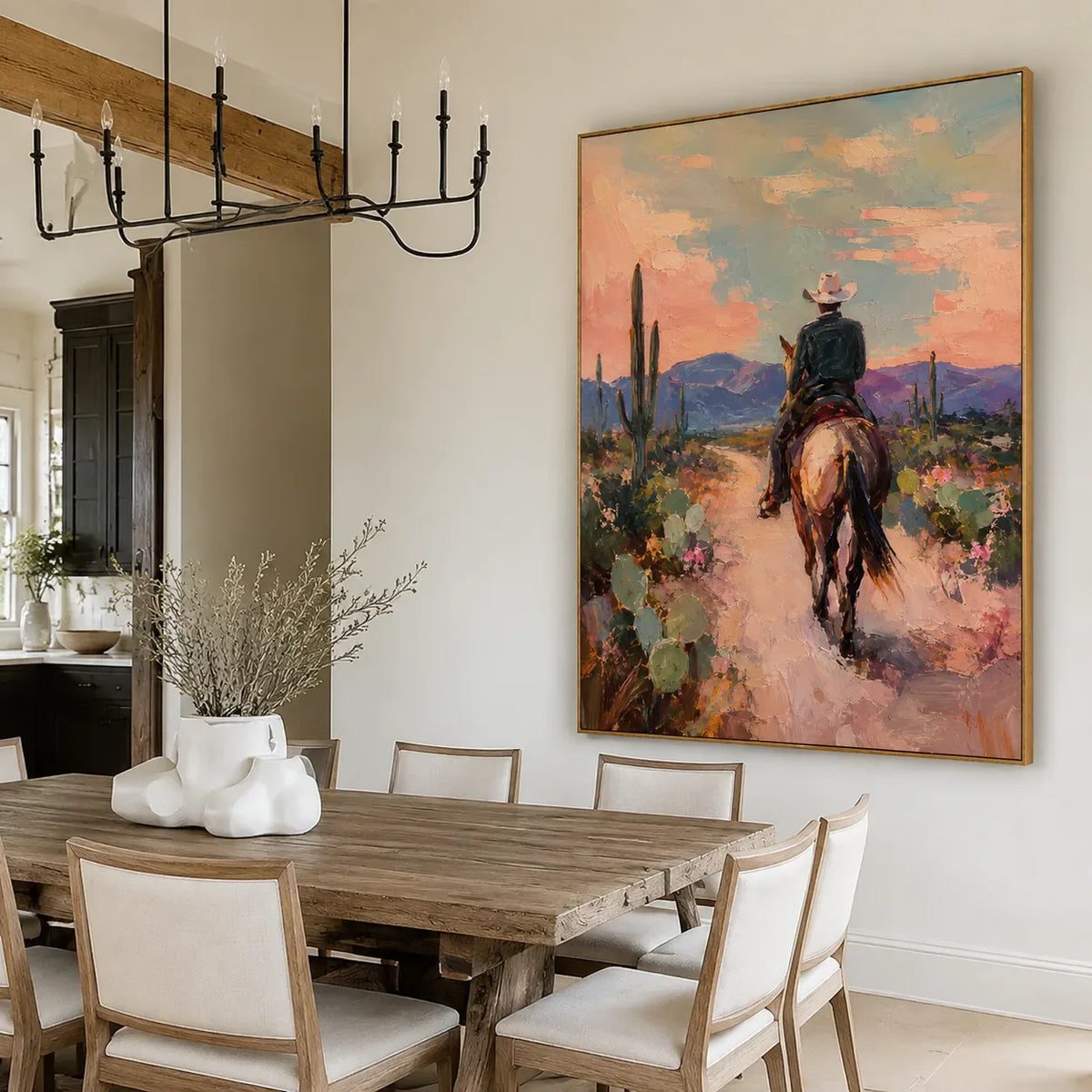 Desert Trail Rider beneath Peach Skies Wall Art styled interior scene 3 | Olyrel