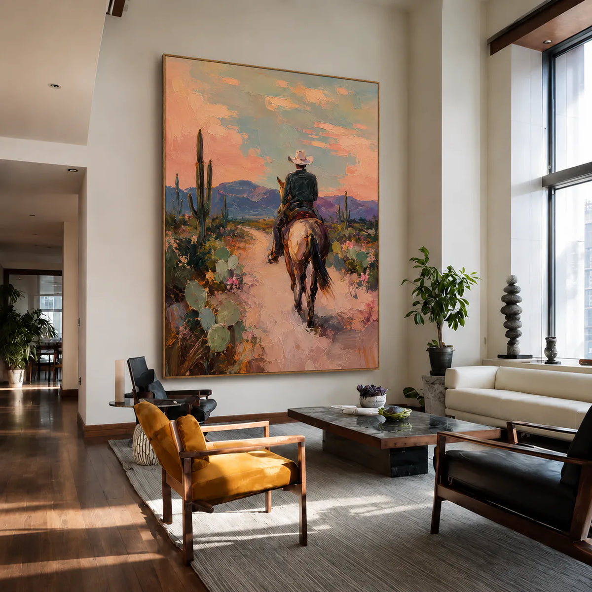 Desert Trail Rider beneath Peach Skies Wall Art styled interior scene 4 | Olyrel