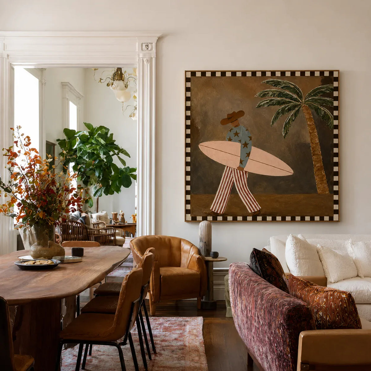 Star-Shirt Surfer beside a Palm Tree Wall Art styled interior scene 2 | Olyrel