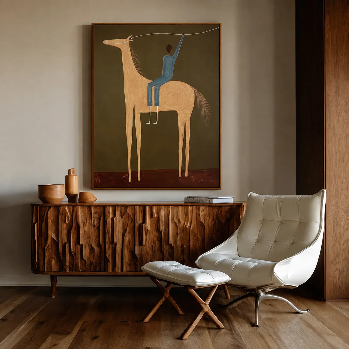 Blue Rider and Golden Long-Legged Horse Wall Art styled interior scene 5 | Olyrel
