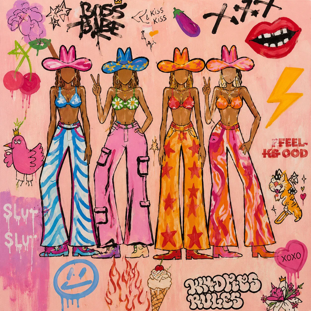 Four Colorful Cowgirls in Pink Graffiti Wall Art artwork view | Olyrel