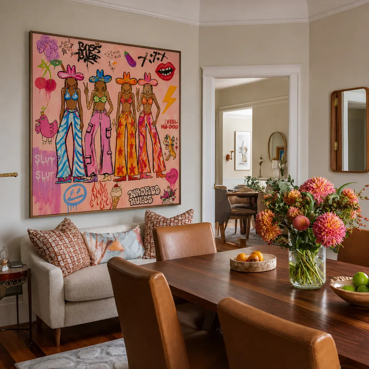 Four Colorful Cowgirls in Pink Graffiti Wall Art styled interior scene 2 | Olyrel