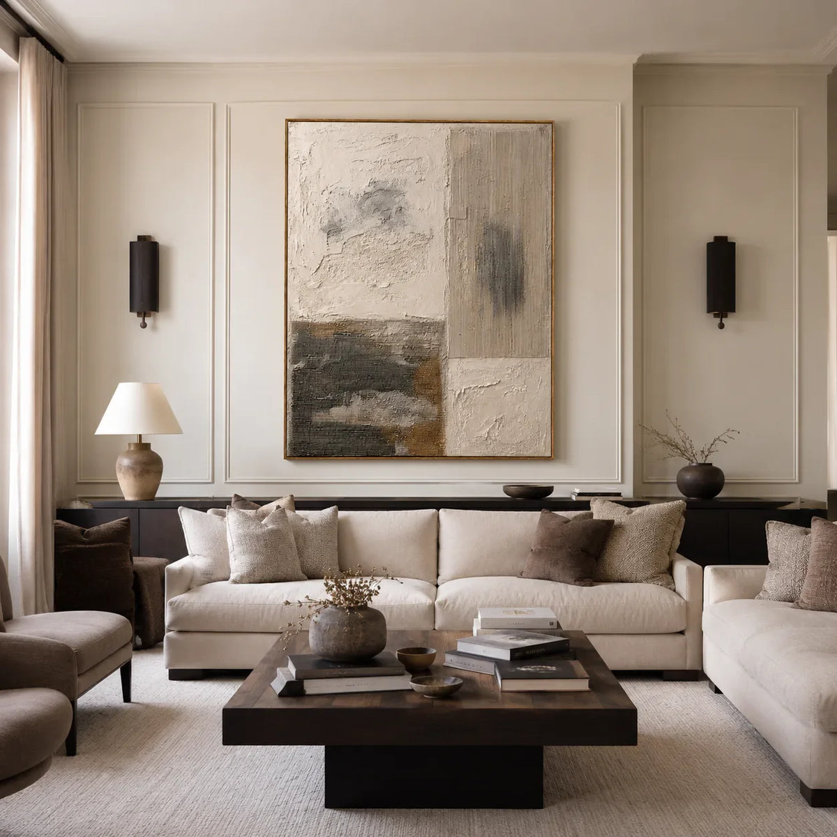 Ivory and Charcoal Patchwork Texture Wall Art styled interior scene 4 | Olyrel