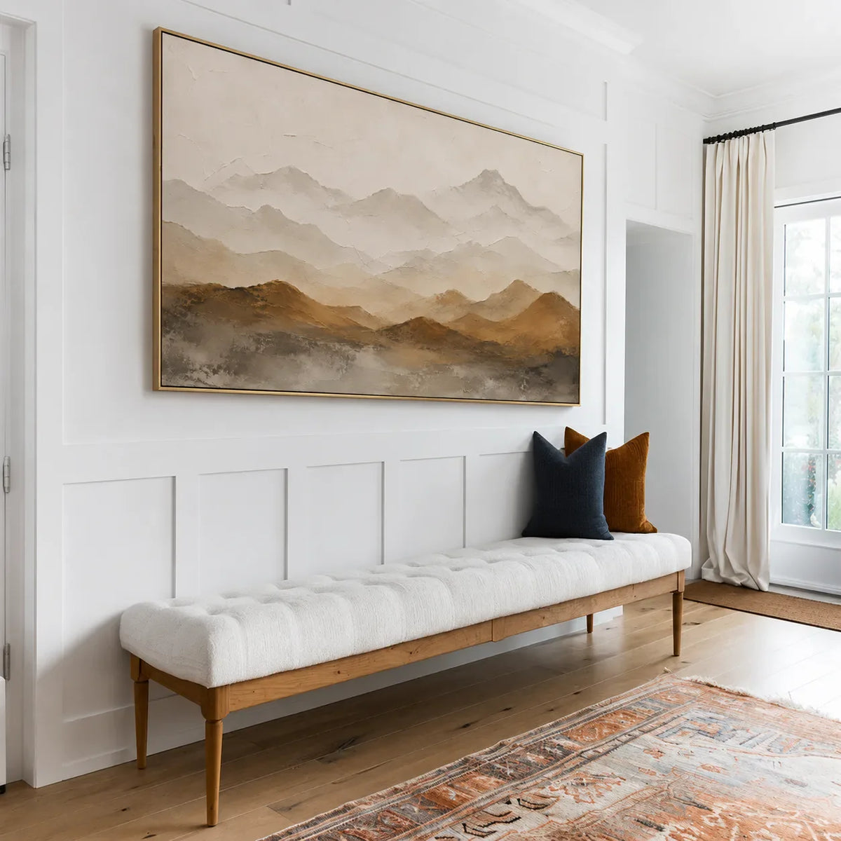 Ochre Foothills and Misty Mountain Layers Wall Art styled interior scene 4 | Olyrel