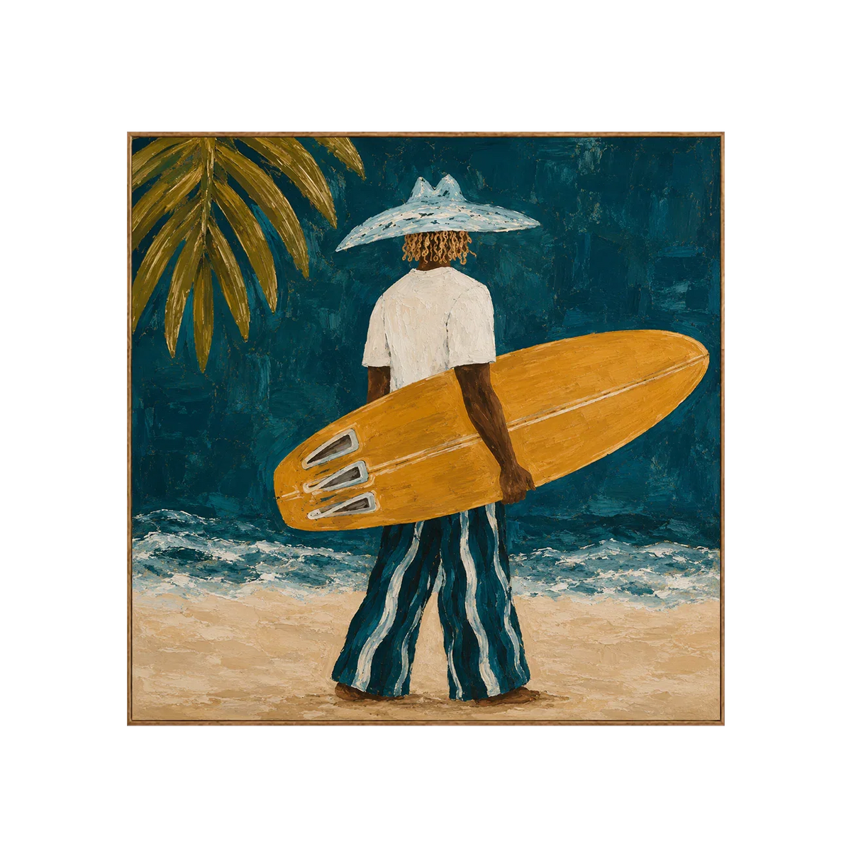 Golden Surfboard at the Teal Shore Wall Art | Olyrel