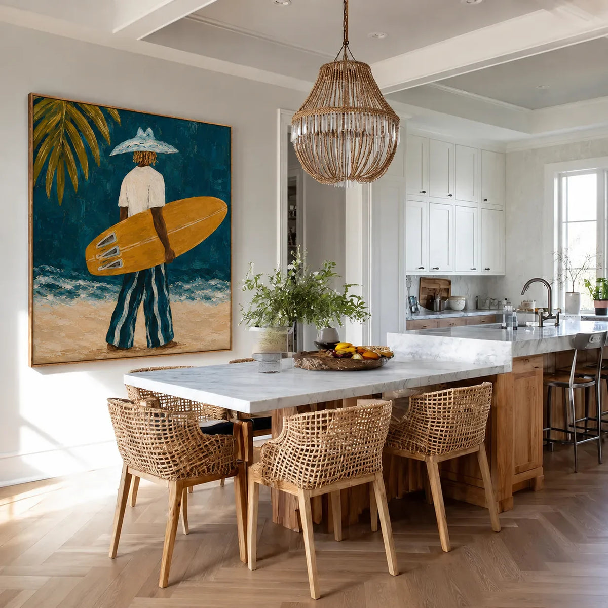 Golden Surfboard at the Teal Shore Wall Art styled interior scene 1 | Olyrel