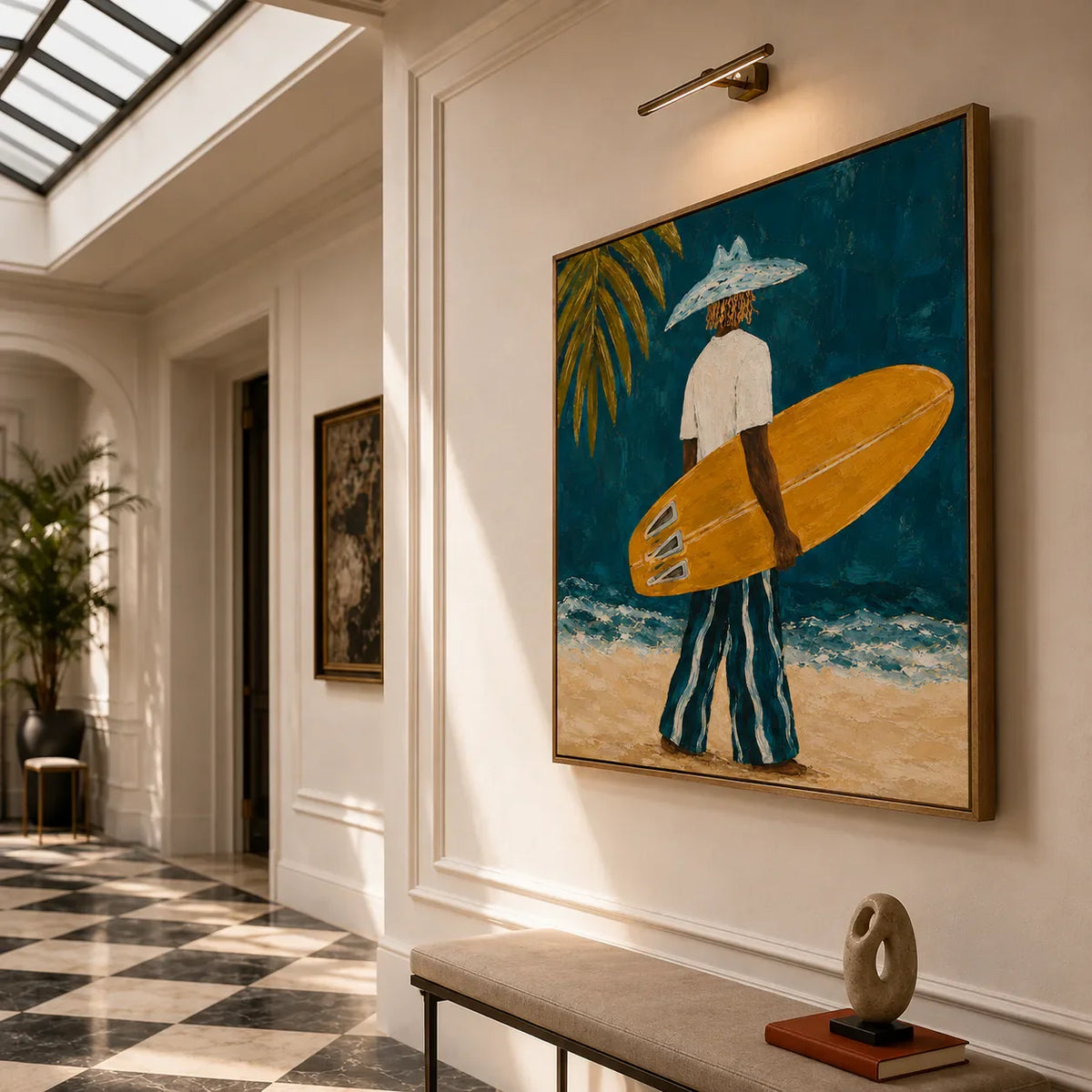 Golden Surfboard at the Teal Shore Wall Art styled interior scene 3 | Olyrel