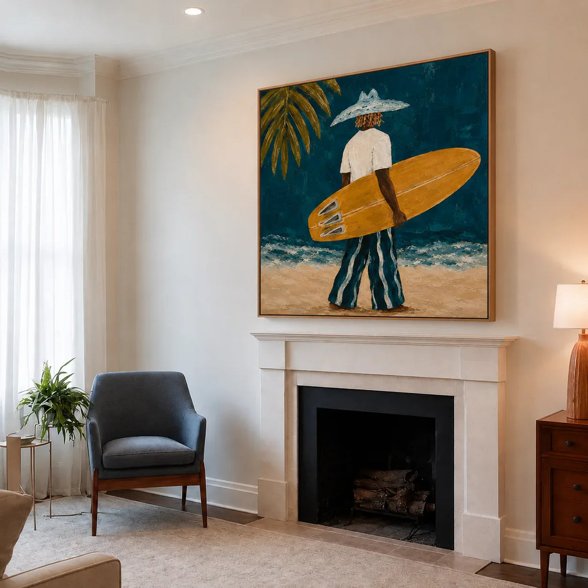Golden Surfboard at the Teal Shore Wall Art styled interior scene 4 | Olyrel
