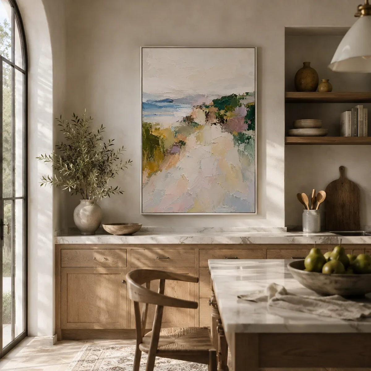 Cliffside Path Coastal Wall Art styled in a modern living room | Olyrel