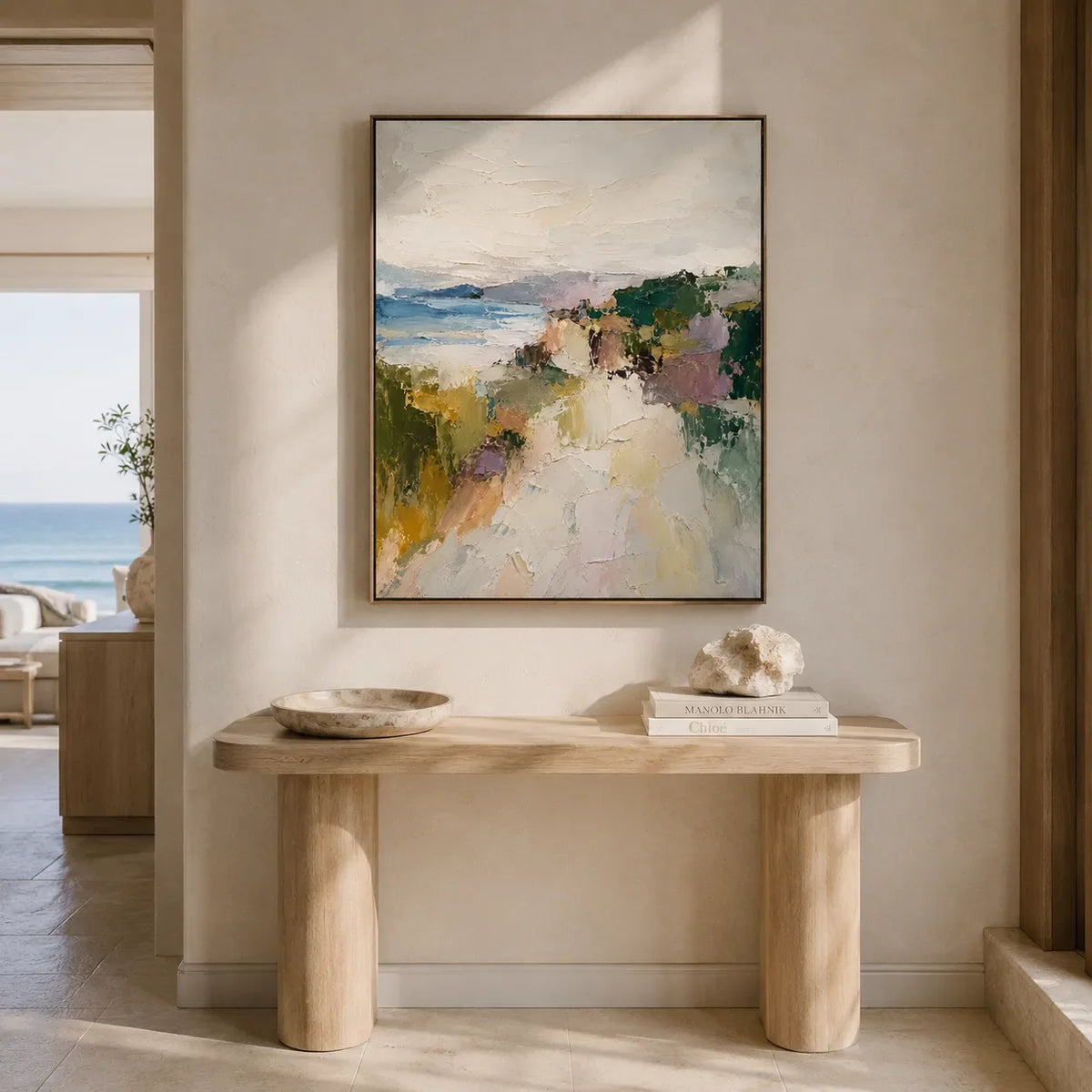 Cliffside Path Coastal Wall Art displayed above a sofa in a neutral interior | Olyrel