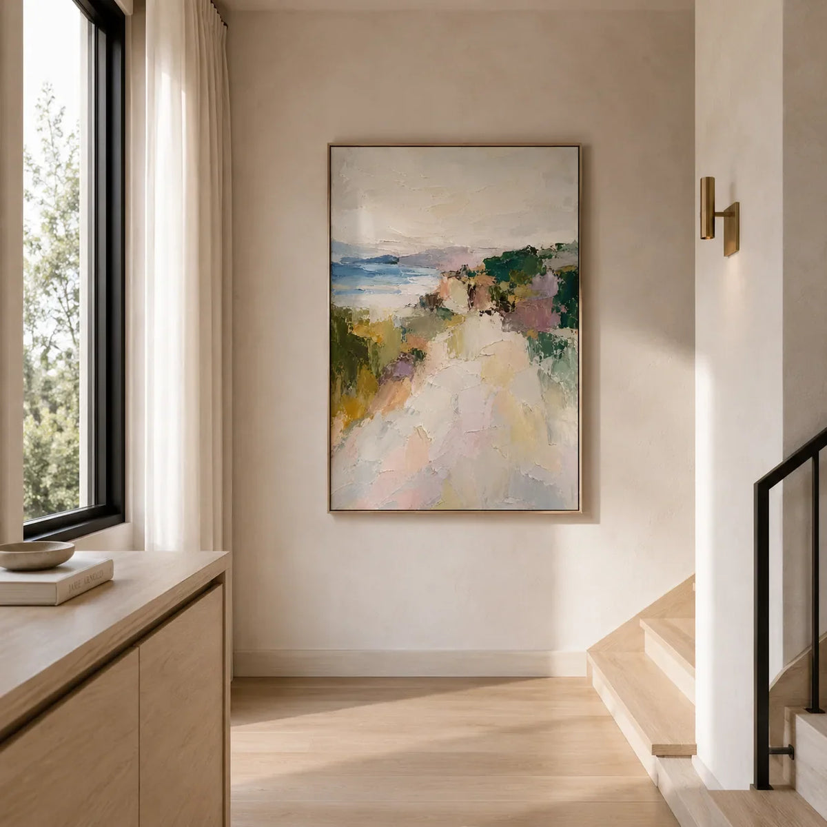 Cliffside Path Coastal Wall Art styled in a contemporary entryway | Olyrel
