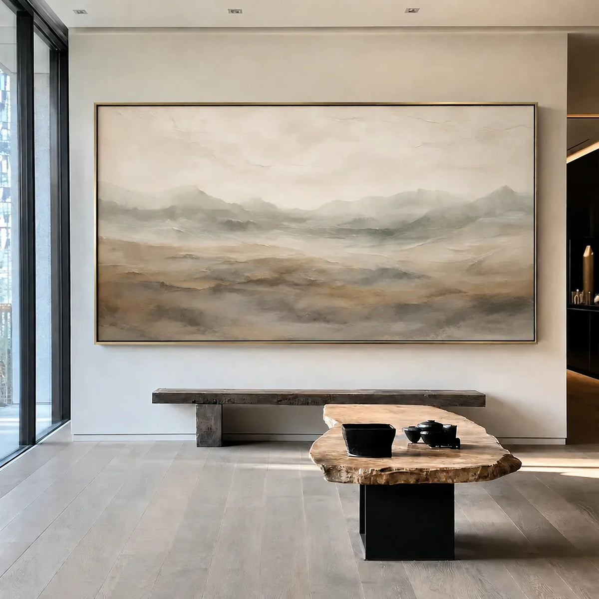 Quiet Taupe Valley and Distant Mountain Haze Wall Art styled interior scene 5 | Olyrel