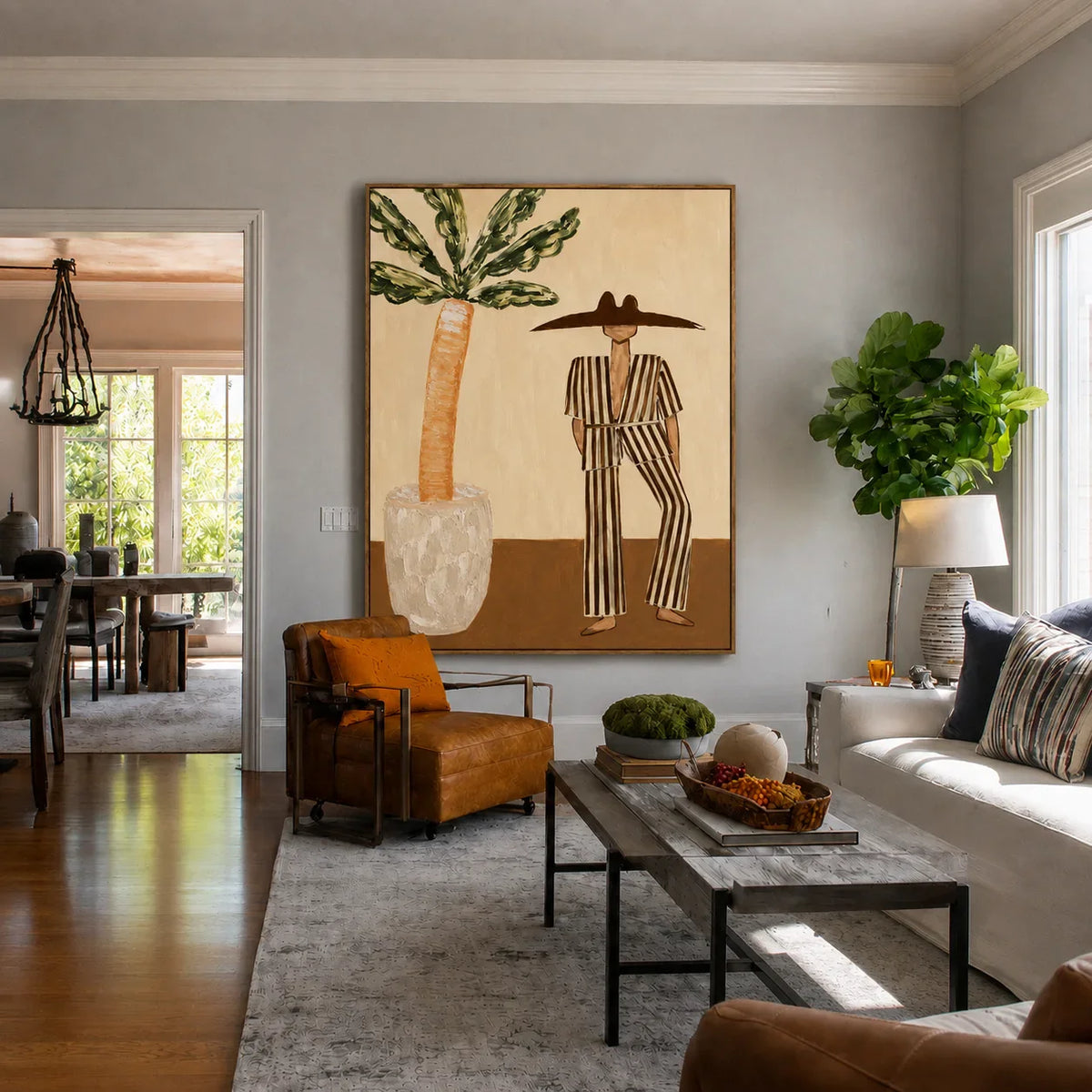 Striped Suit beside a Leafy Potted Tree Wall Art styled interior scene 5 | Olyrel
