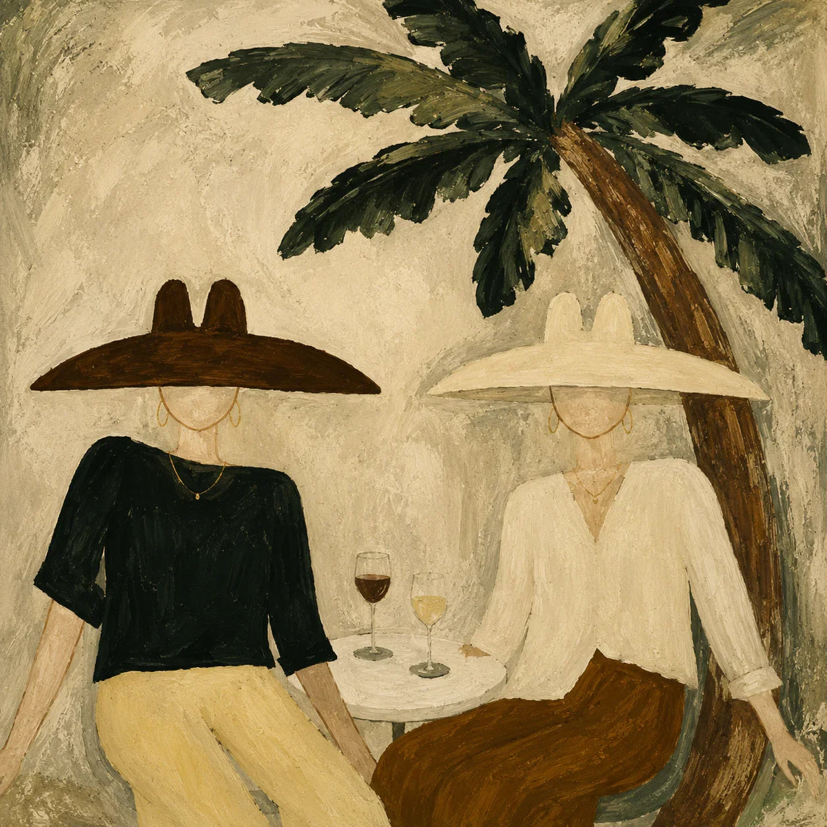 Palm Shade Conversation with Wine Glasses Wall Art artwork view | Olyrel