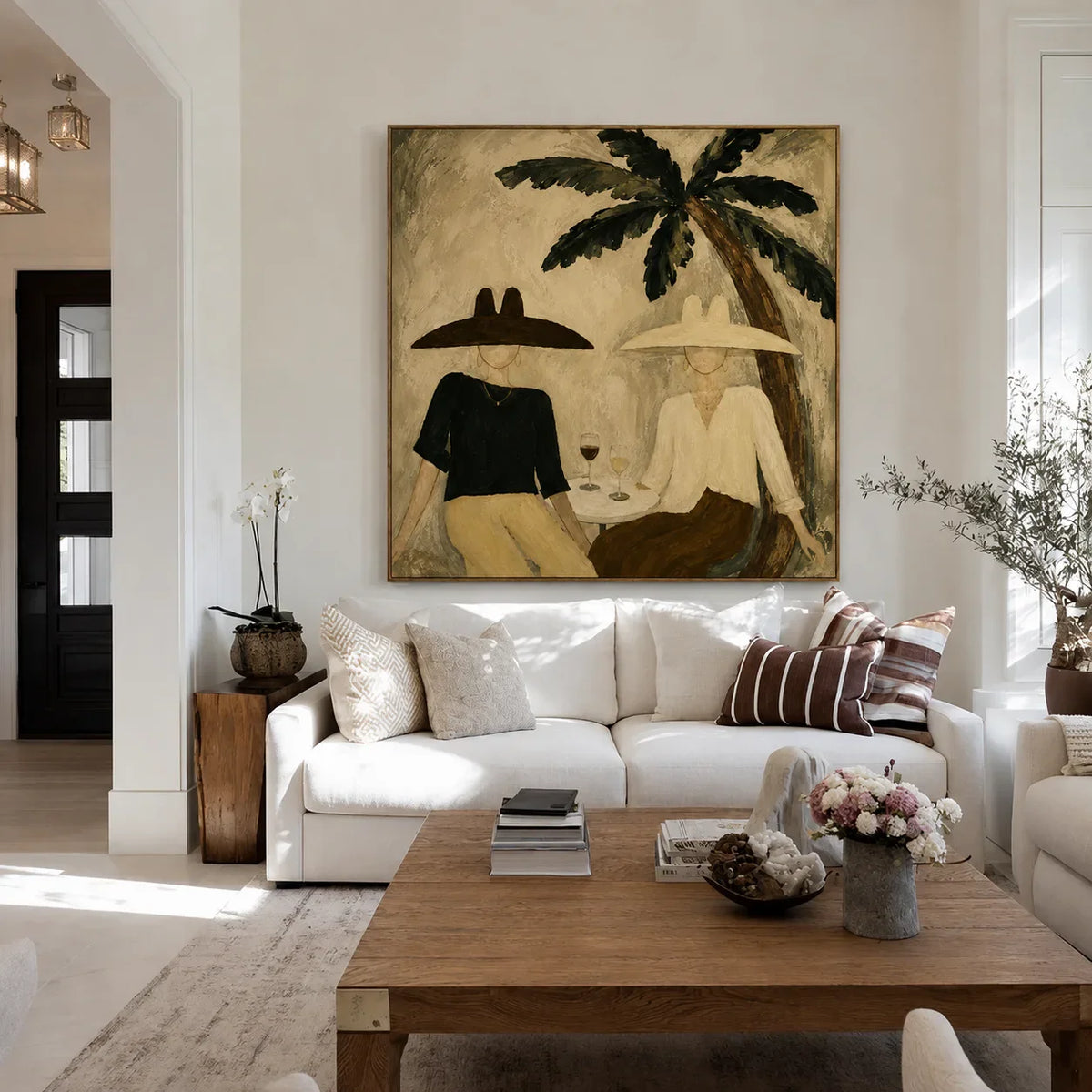 Palm Shade Conversation with Wine Glasses Wall Art styled interior scene 4 | Olyrel