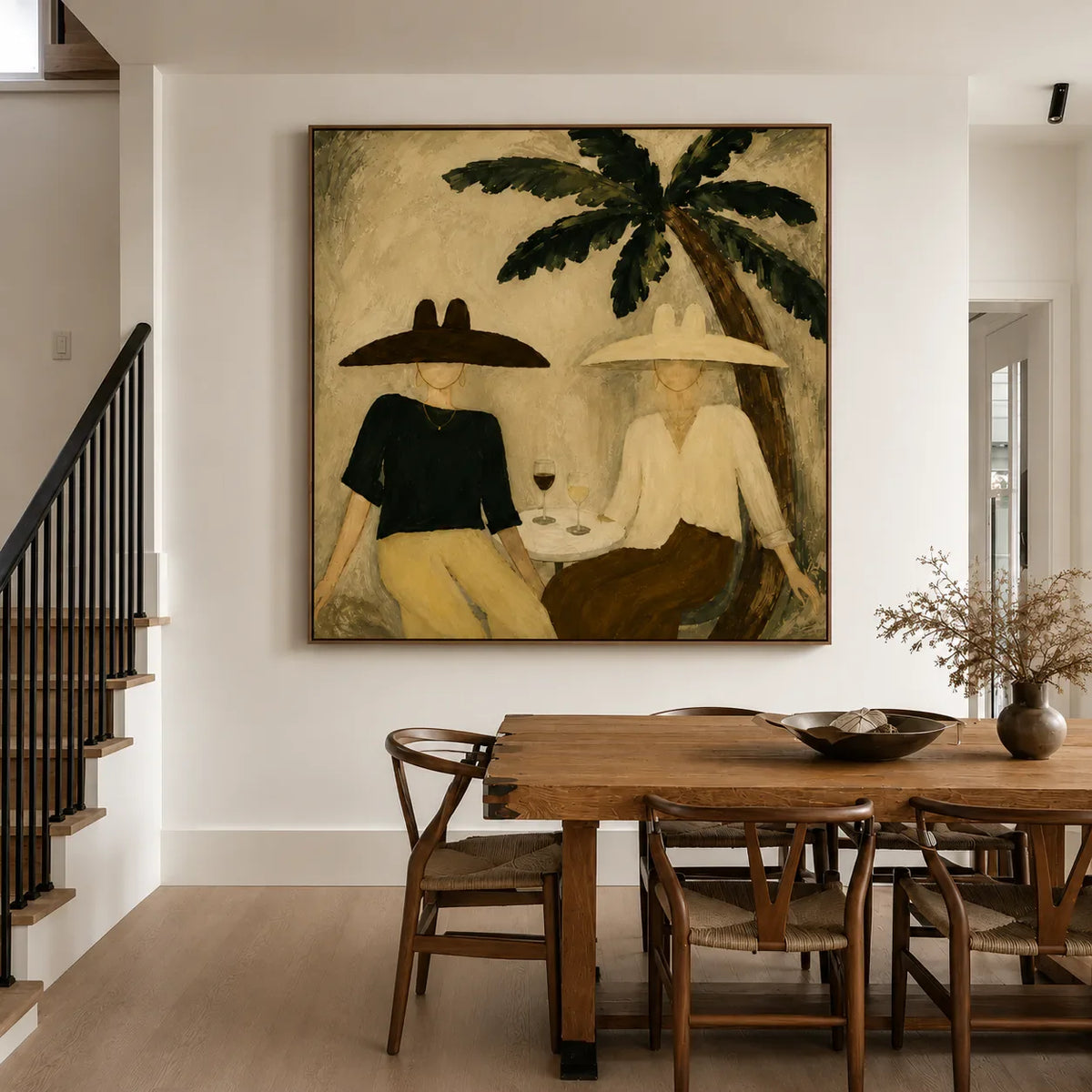 Palm Shade Conversation with Wine Glasses Wall Art styled interior scene 5 | Olyrel