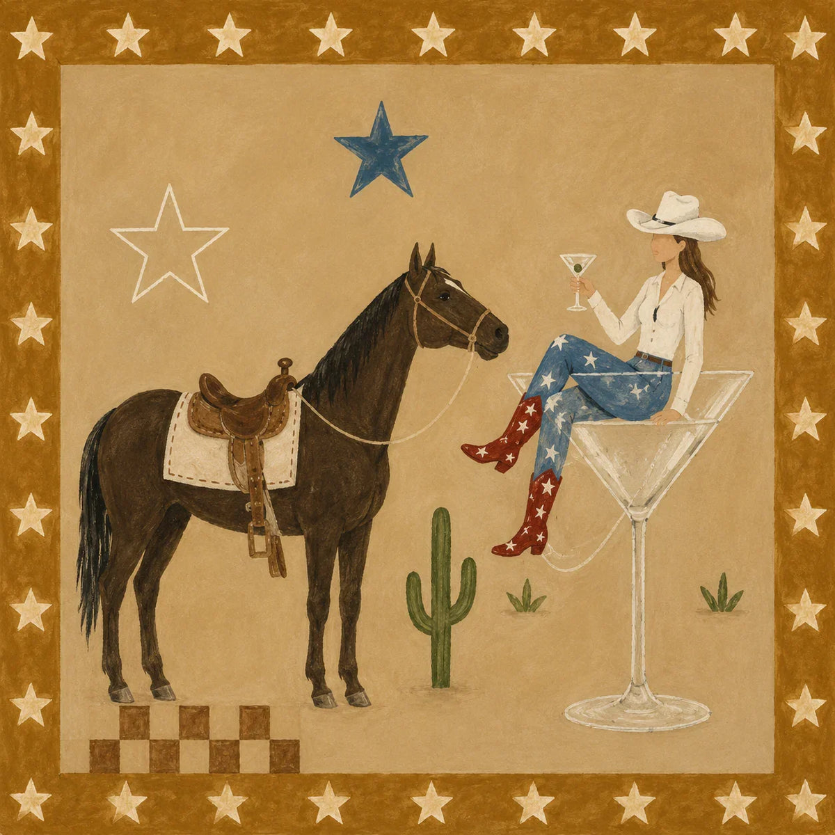 Cowgirl Cocktail and Horse under Golden Stars Wall Art artwork view | Olyrel