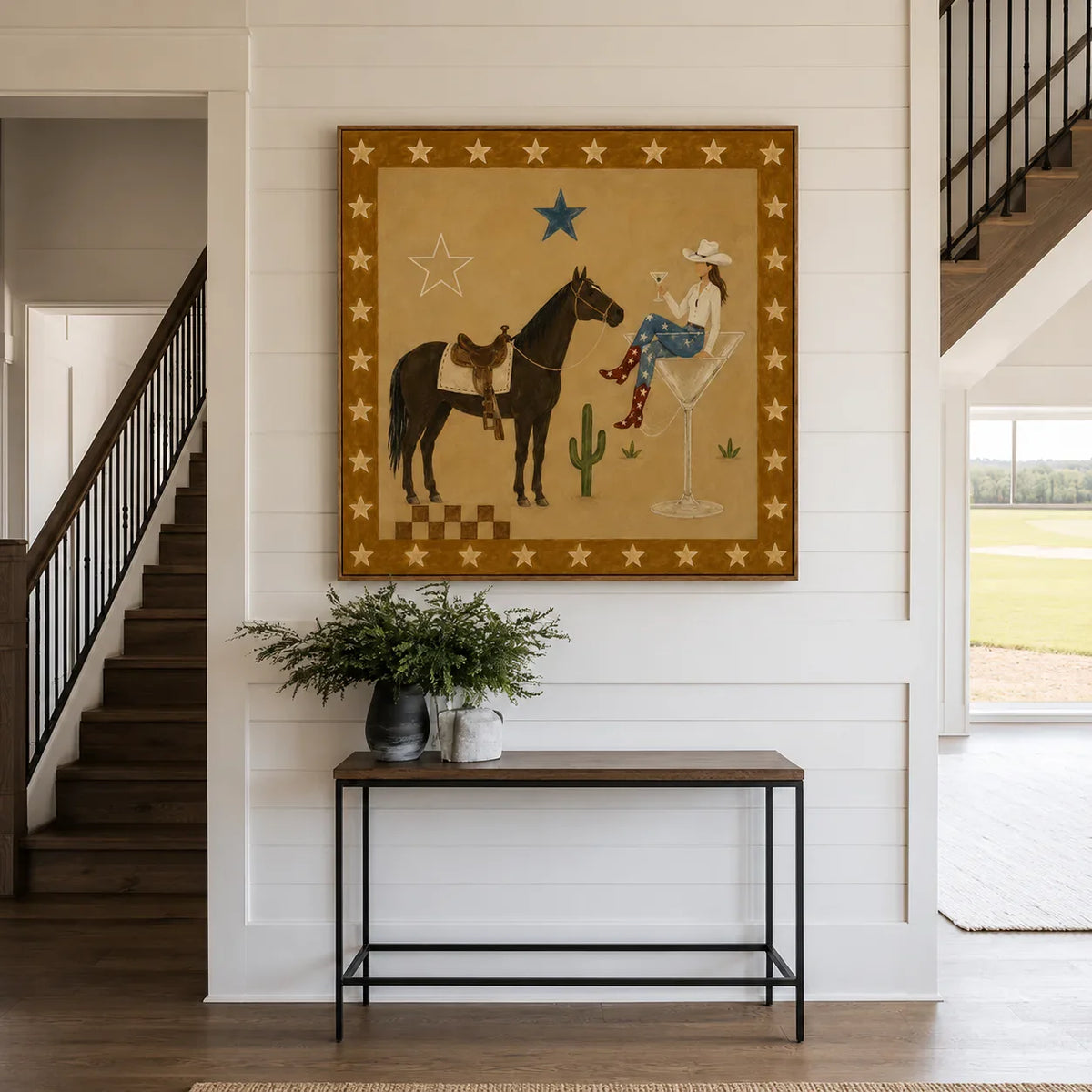 Cowgirl Cocktail and Horse under Golden Stars Wall Art styled interior scene 4 | Olyrel