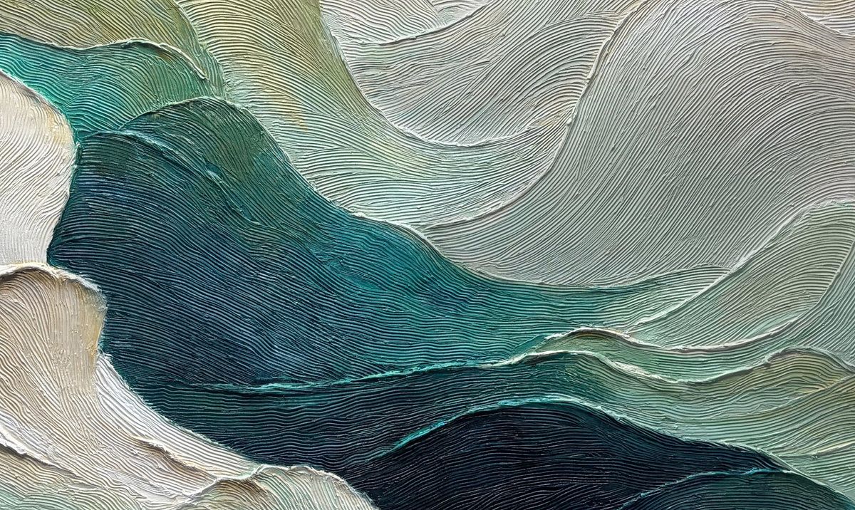 Sculpted Teal Currents and Sage Waves Wall Art artwork view | Olyrel
