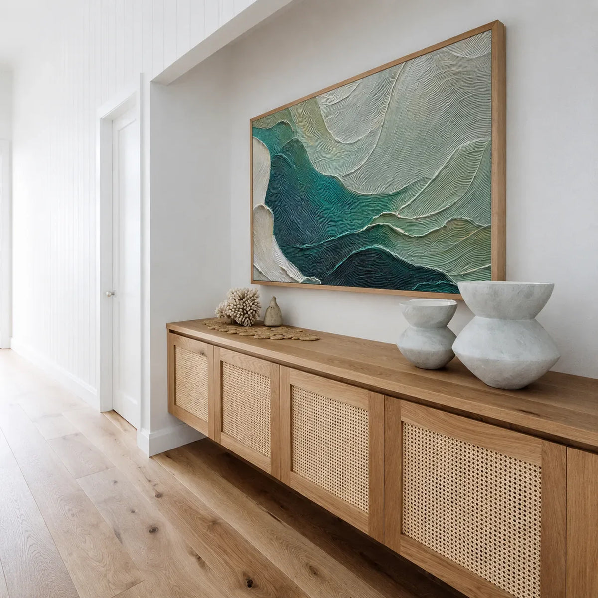 Sculpted Teal Currents and Sage Waves Wall Art styled interior scene 1 | Olyrel