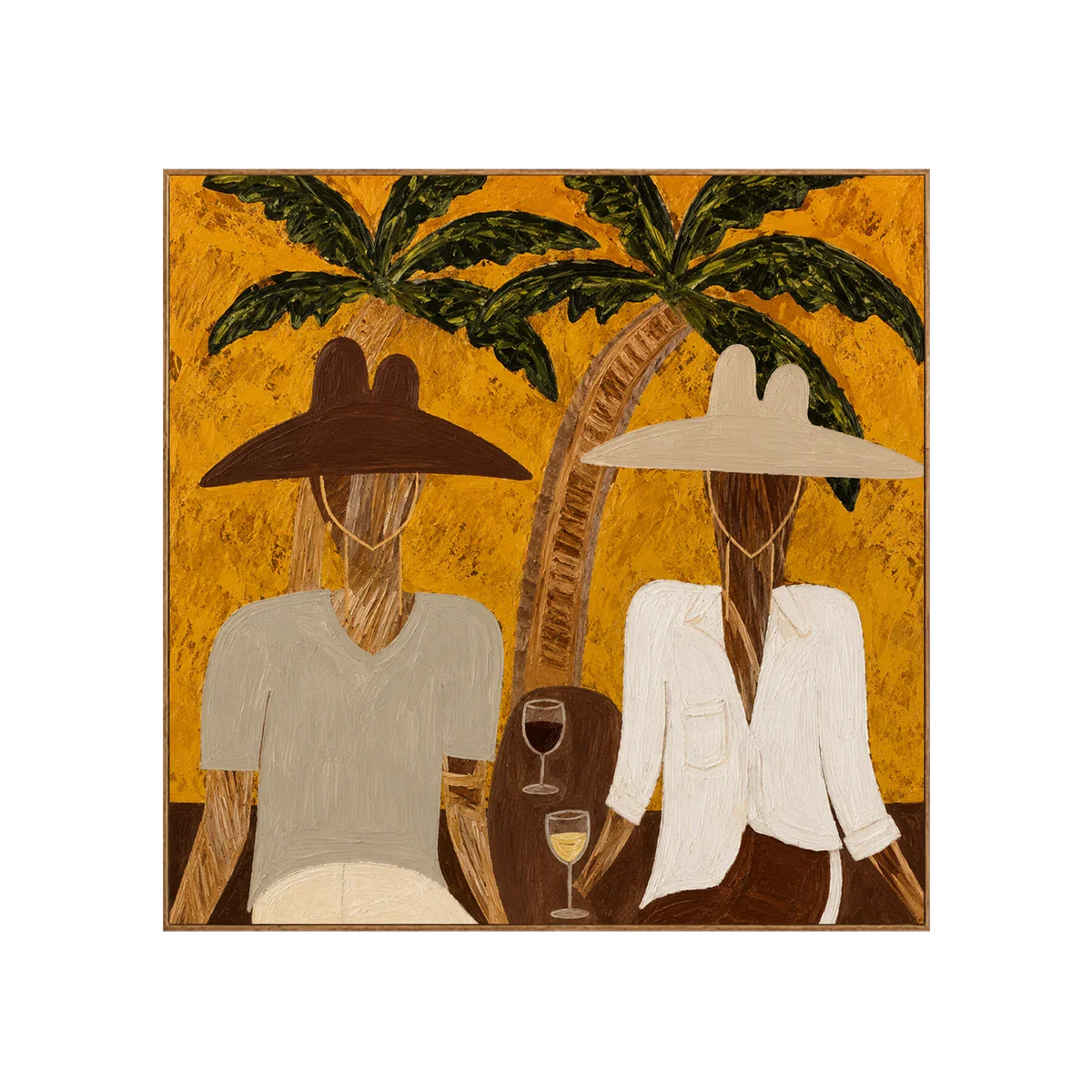 Two Hat Figures Under Palms on Ochre Wall Art | Olyrel