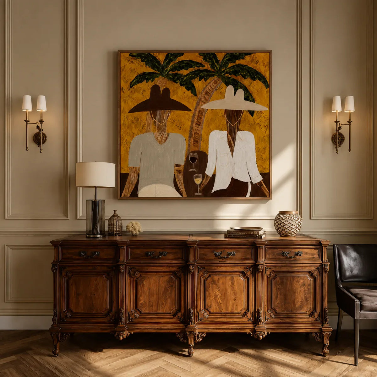 Two Hat Figures Under Palms on Ochre Wall Art styled interior scene 4 | Olyrel