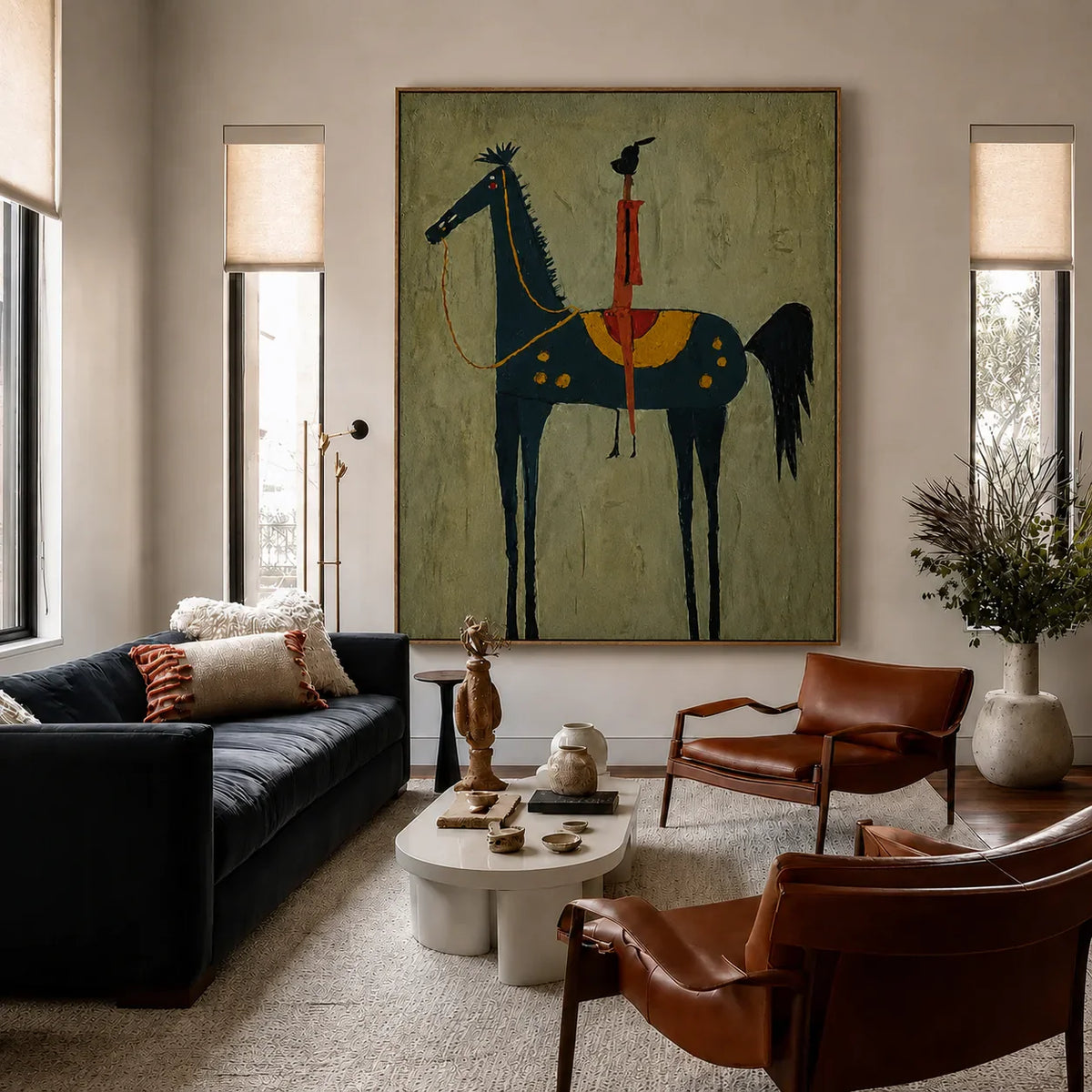 Red Rider on a Navy Horse with Sage Ground Wall Art styled interior scene 4 | Olyrel
