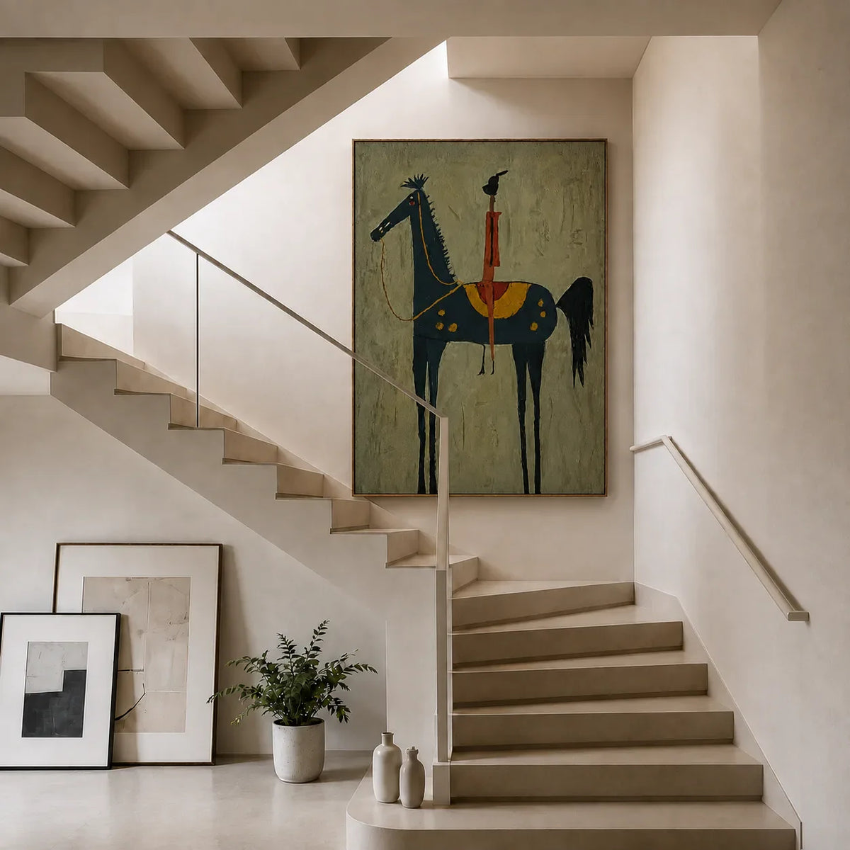 Red Rider on a Navy Horse with Sage Ground Wall Art styled interior scene 5 | Olyrel