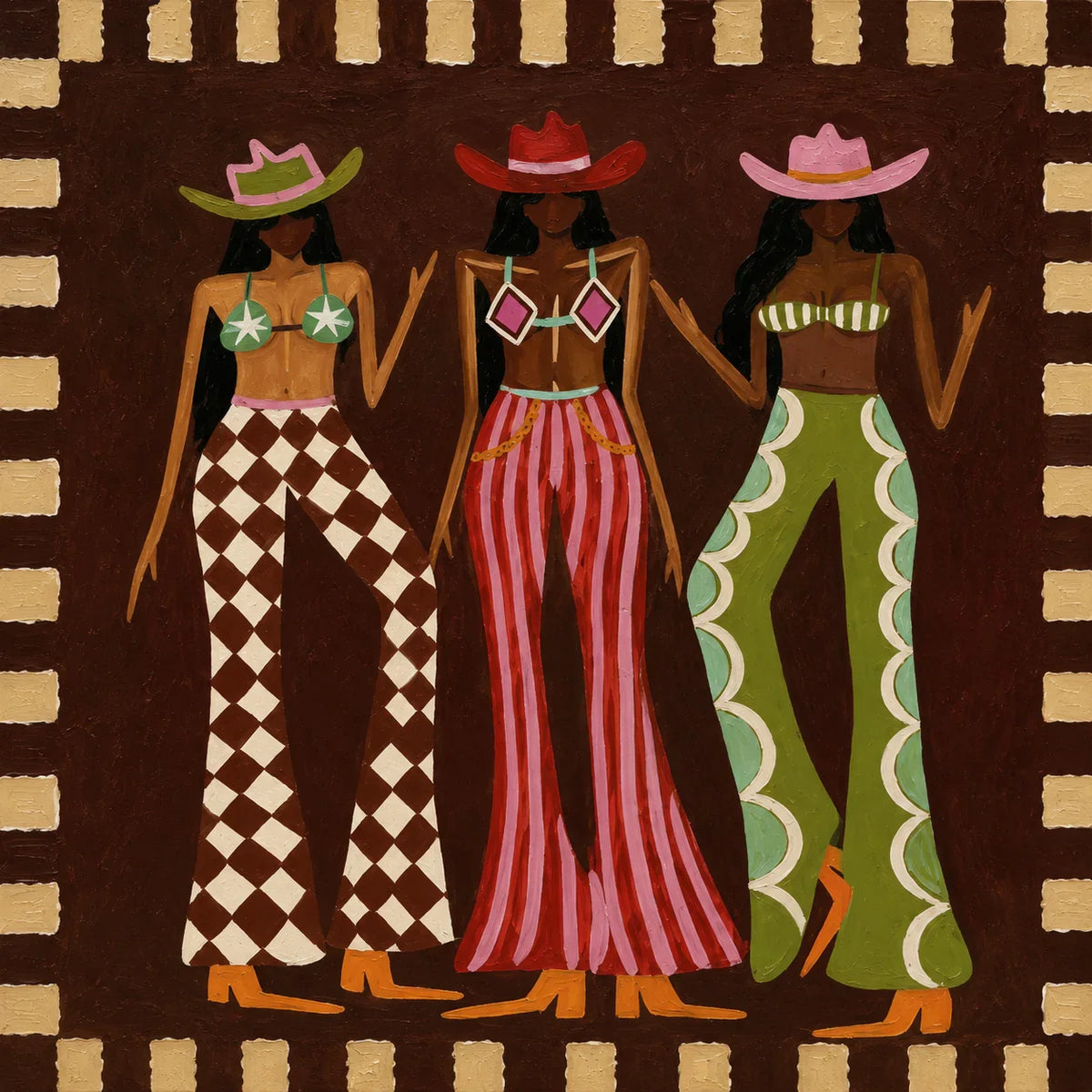 Three Hat Figures in Patterned Trousers Wall Art artwork view | Olyrel