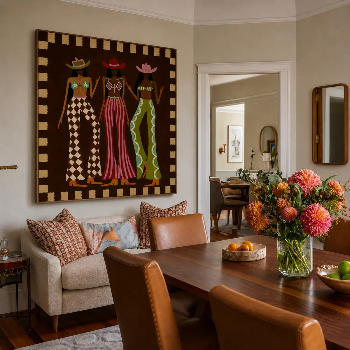 Three Hat Figures in Patterned Trousers Wall Art styled interior scene 2 | Olyrel