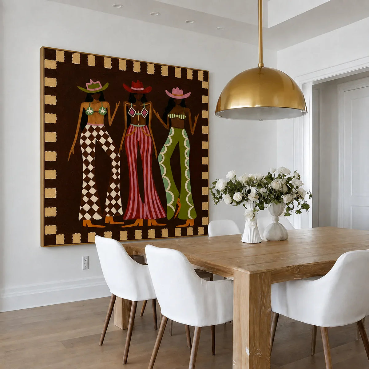 Three Hat Figures in Patterned Trousers Wall Art styled interior scene 4 | Olyrel