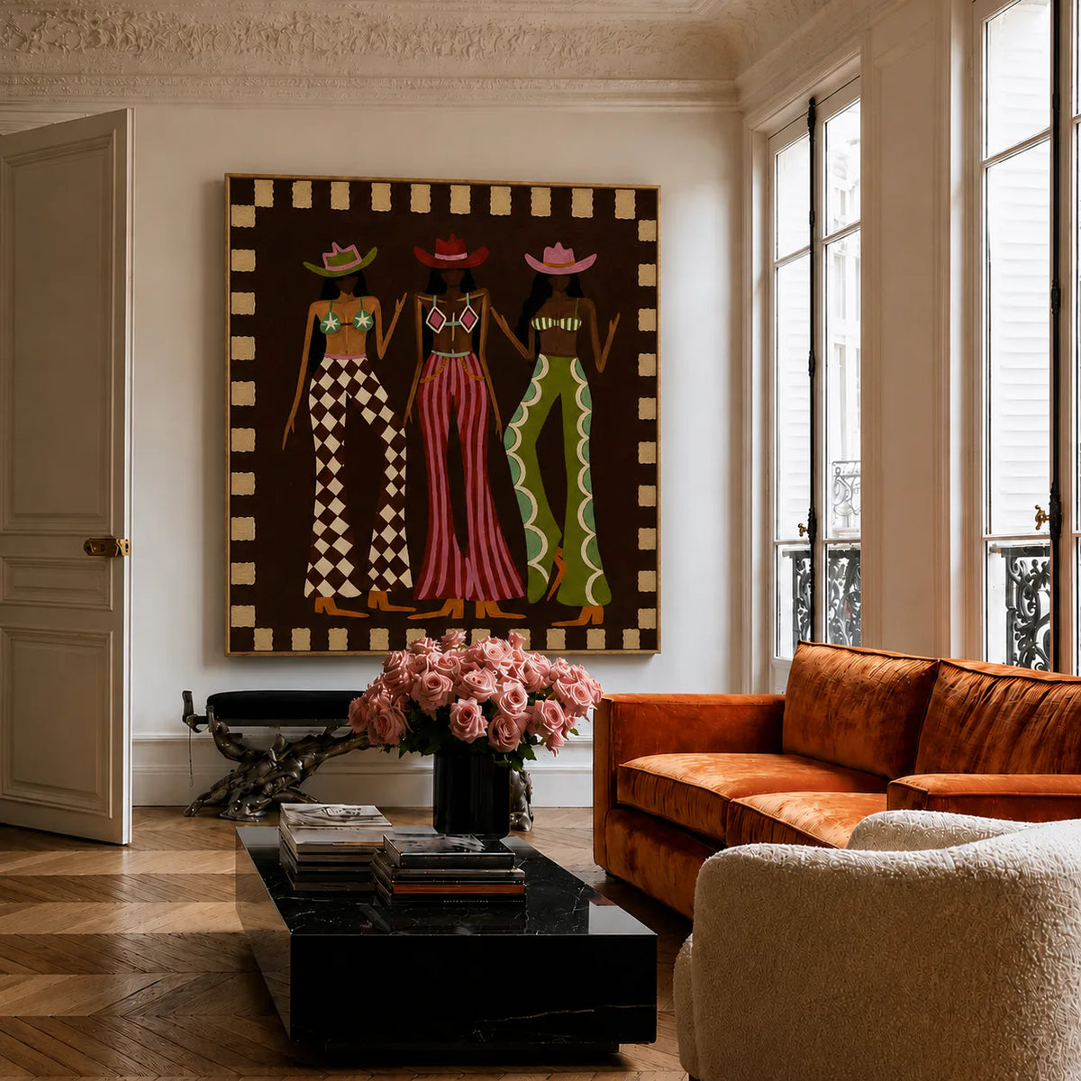 Three Hat Figures in Patterned Trousers Wall Art styled interior scene 5 | Olyrel