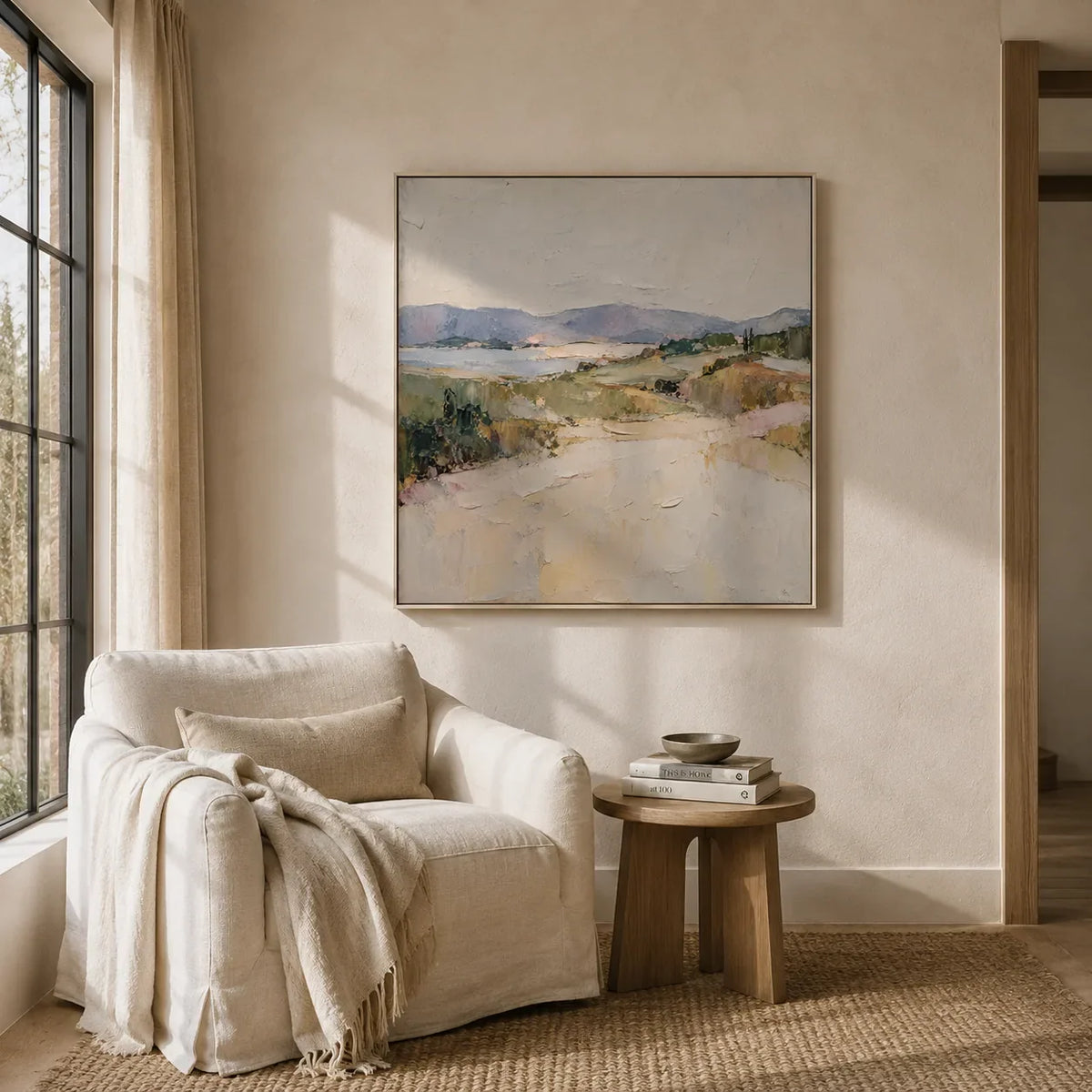 Pastel Cove Coastal Wall Art displayed in a bright dining room | Olyrel