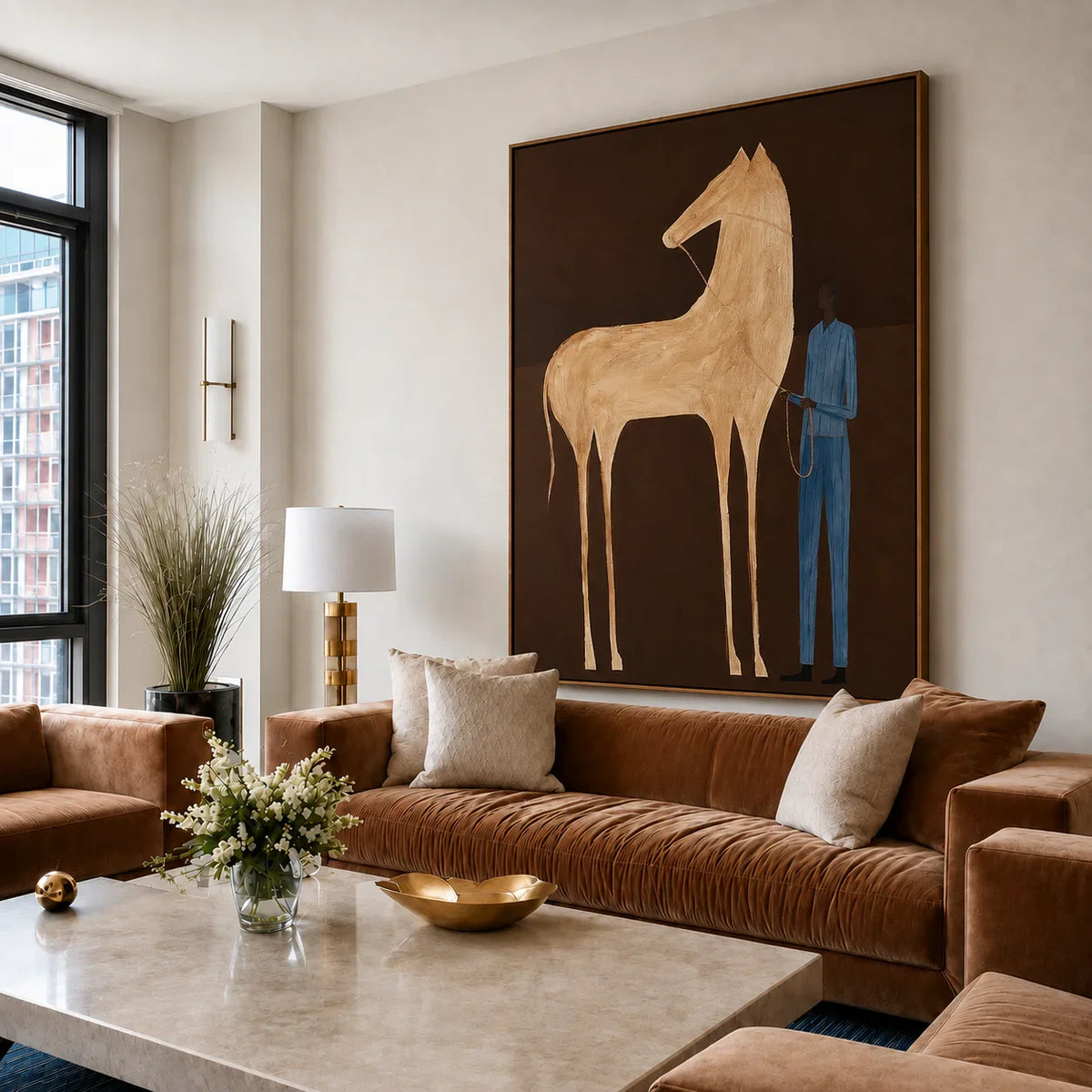 Tall Cream Horse and Blue-Clad Figure Wall Art styled interior scene 3 | Olyrel