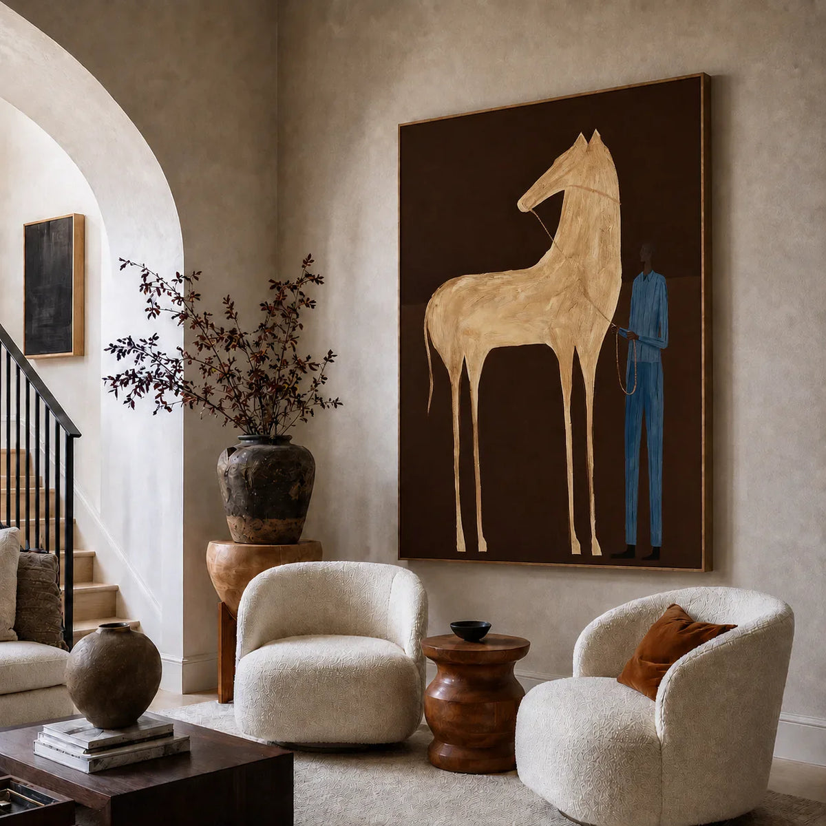Tall Cream Horse and Blue-Clad Figure Wall Art styled interior scene 4 | Olyrel