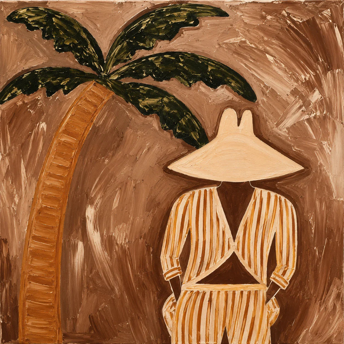 Striped Figure Beneath a Palm on Warm Brown Wall Art artwork view | Olyrel