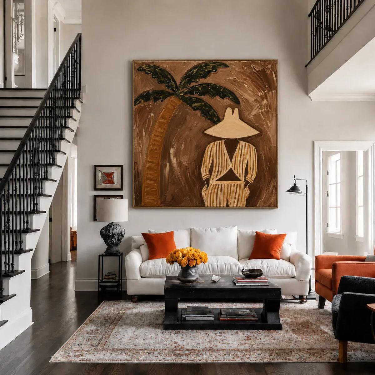Striped Figure Beneath a Palm on Warm Brown Wall Art styled interior scene 1 | Olyrel